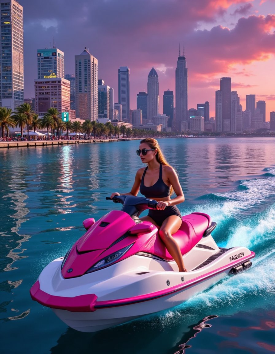 A vibrant cityscape at dusk, bathed in a kaleidoscope of neon lights that reflect off wet pavement, with towering skyscrapers and bustling streets lined with people, cars, and billboards in the background; the neon hues of pink, blue, green, and yellow cast a colorful glow on the darkening urban landscape. The scene is framed by a slight low-angle shot, capturing the grandeur of the city’s architecture and the energy of its nightlife, with a shallow depth of field to emphasize the neon lights’ sharpness.