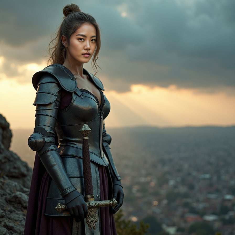 A woman dressed in medieval armor stands on a rocky hilltop, with storm clouds gathering behind her. She faces the camera with a fierce and resolute expression, holding a large sword planted in the ground in front of her. Her armor glints in the fading light of the day, and behind her, a vast battlefield stretches into the horizon. The atmosphere is epic, with a sense of an impending battle, captured in a grand, sweeping cinematic style.