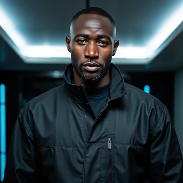 A cinematic futuristic portrait of a man (early 30s) standing still in a minimalist sci-fi corridor, waist-up framing, camera at eye level, symmetrical composition without motion. Hair: short cropped hair, clean edges. Face: realistic skin texture, subtle shine on forehead, calm expression with analytical gaze slightly above lens. Wardrobe: structured matte black tactical jacket, clean seams, subtle fabric grain, high collar framing jawline. Lighting: cool white overhead strip lights creating soft top-down highlights, faint blue rim light from corridor edges, no harsh shadows. Background: clean geometric corridor lines fading into depth, softly blurred, zero clutter. Camera: 50mm lens, f/2.4, sharp subject isolation, cinematic clarity. Highly detailed, highly realistic, HDR quality, cinematic sci-fi realism, minimal background clutter.
