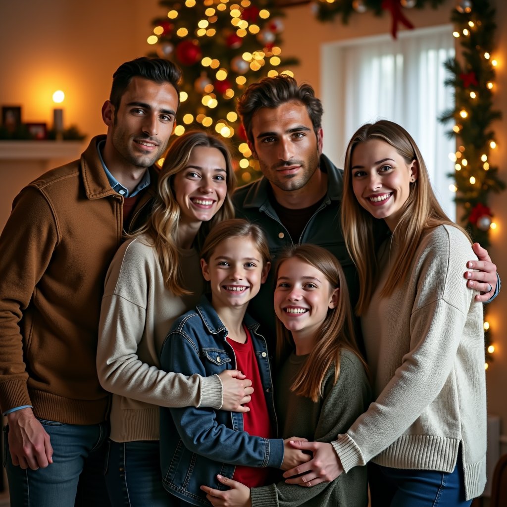 man surrounded by loving family members, smiling and embracing each other, wearing casual yet stylish outfits, standing in a warm and cozy living room with natural lighting, with a camera in the foreground, capturing the heartwarming and intimate moment of family togetherness.