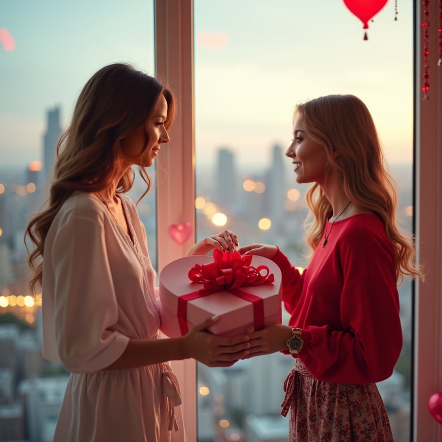 A model standing by a window with a romantic city skyline view, holding a heart-shaped gift box, dressed in a red and white outfit with Valentine's-themed accessories.