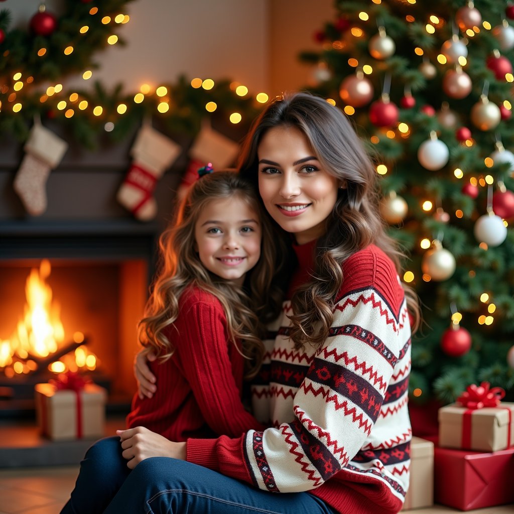 woman surrounded by her loving family, wearing a festive sweater, posing in front of a beautifully decorated Christmas tree, with colorful ornaments, twinkling lights, and sparkling tinsel, warm fireplace crackling in the background, wrapped gifts and festive decorations scattered around the room, capturing the joyous and warm atmosphere of a family Christmas celebration.