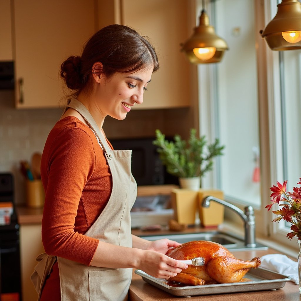 Highly realistic, highly detailed, hyperrealistic HDR waist-up image of a woman (female, ~35 yrs) standing beside a rustic kitchen counter, gently brushing glaze on a golden roast turkey. She wears a soft beige apron over a rust-orange sweater, sleeves rolled neatly. Her hair is in a loose low bun with a few strands framing her face, warm smile lit by amber pendant lights above. Camera positioned slightly from the side (~25°) focusing on her face and hands; background softly blurred — faint outline of cabinets, a vase of autumn leaves, and warm daylight filtering through. Visible textures: sheen of the turkey skin, fabric weave of the apron, fine reflections on metal tray. Cozy Thanksgiving warmth. HDR, high resolution, high quality, highly detailed, photorealistic.