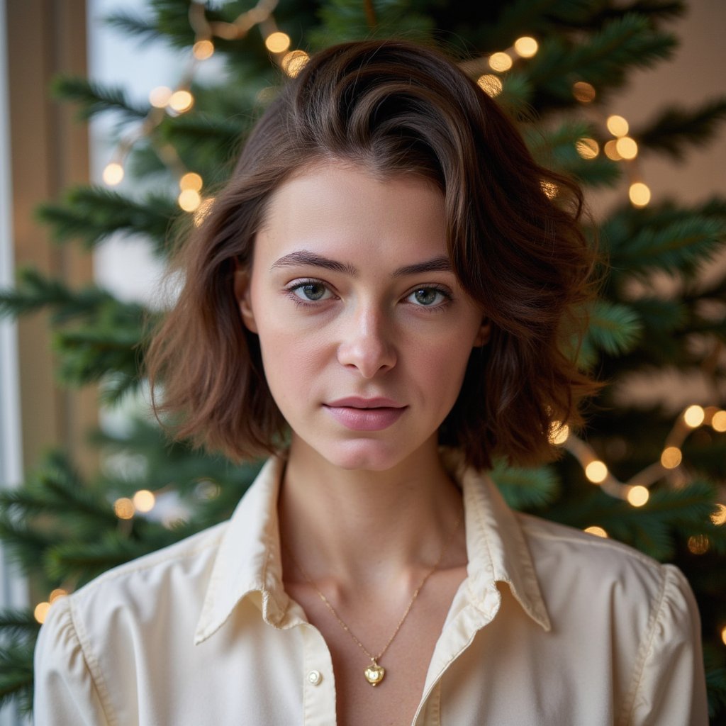 Head-and-shoulders portrait of a woman against a clean, elegant evergreen backdrop decorated with tiny warm fairy lights. She faces the camera calmly with a serene, Christmas-card expression. She wears a cream satin blouse with soft sheen and a gold pendant necklace.
Hair: voluminous soft curls parted to one side.
Makeup: holiday glam—soft shimmer eyeshadow, long curled lashes, warm pink lipstick.
Lighting: balanced beauty softbox from the front with a gentle hair-light from above to define curls.
Background: dark green pine branches with gentle glowing bokeh; minimal clutter, clean composition.
Camera: 85mm f/2.2; highly detailed, highly realistic, HDR, showing satin shine, hair texture, and precise bokeh.