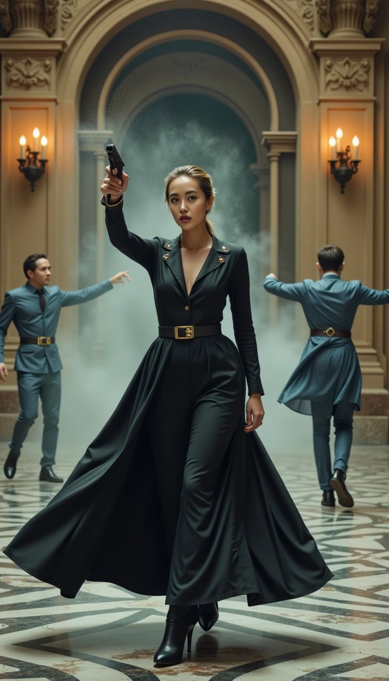 Reimagine the ‘Matrix lobby shootout’ — same iconic slow-motion pose, but styled like a Renaissance painting, with flowing fabrics, marble pillars, and dramatic chiaroscuro lighting.
