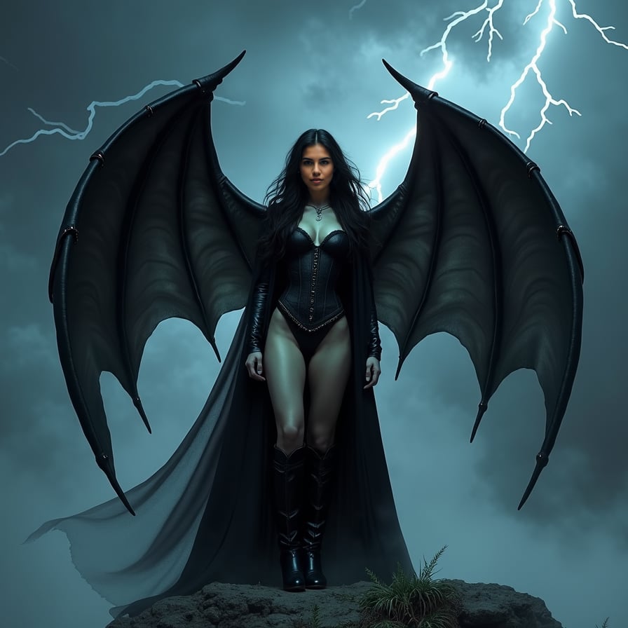 Depict a powerful vampire woman with large, leathery bat wings standing on the edge of a cliff under a stormy night sky. She has long, flowing black hair, wears a fitted, black medieval-style corset, and her gaze is intense. Lightning illuminates the storm clouds behind her, adding drama to the scene. Her wings are spread wide, and she looks as though she’s about to take flight.