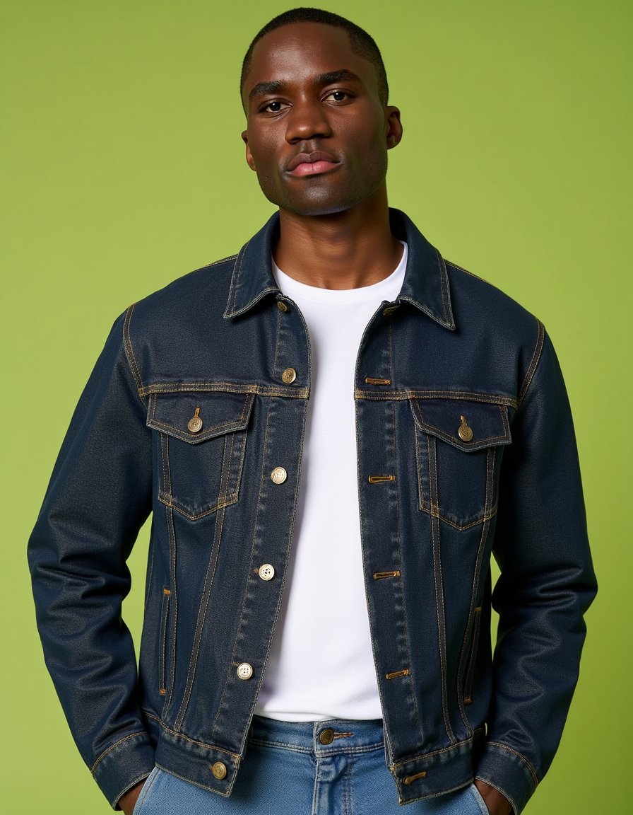 man wearing a dark wash denim jacket with a visible seam down the front over a crisp white crew-neck t-shirt. He stands in a relaxed pose with his hands casually in the pockets of unseen trousers, leaning slightly to his left. The background is a vibrant, uniformly lit lime green studio backdrop, creating soft, consistent shadows that highlight the detailed fabric texture of his jacket and subtle skin details.