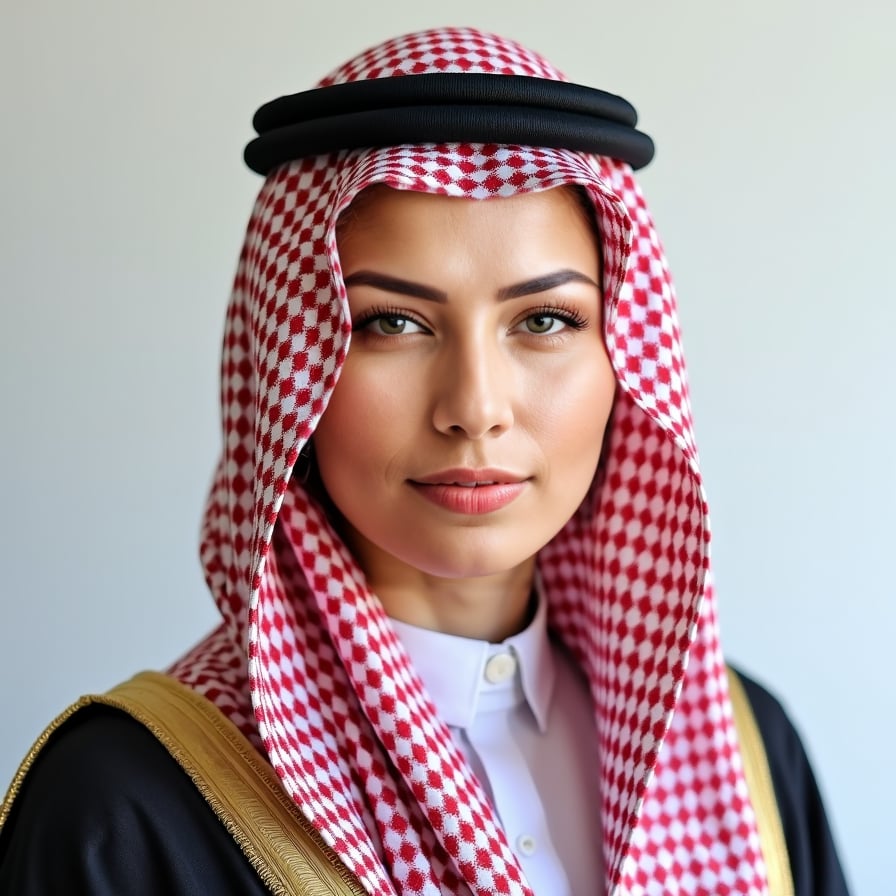 A passport-size photo of a person wearing a traditional thobe and keffiyeh, adhering to cultural norms. The background is plain and light-colored, with balanced lighting and no shadows. The individual is centered and has a neutral expression