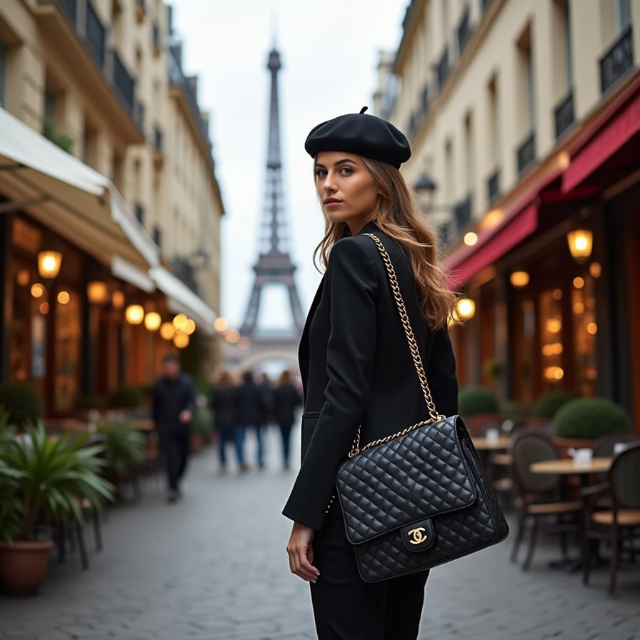 woman in a stylish outfit, wearing a beret and holding a Chanel-inspired handbag, walking down a charming Parisian street lined with cafes and boutiques, under the soft glow of street lamps and surrounded by historic Haussmannian buildings.