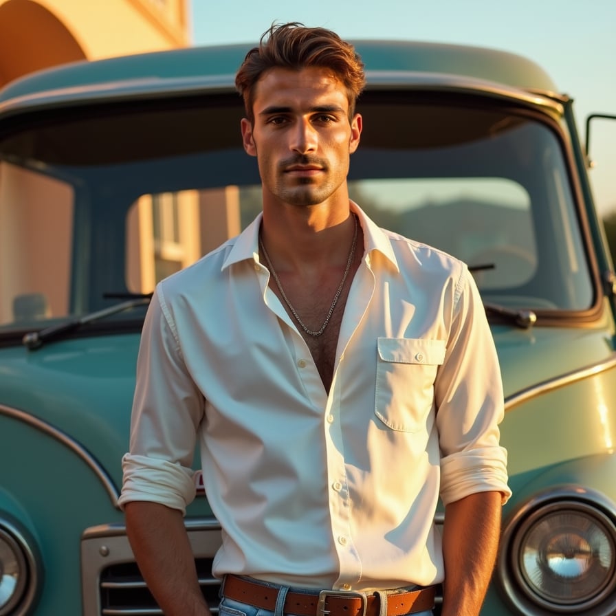 man in a stylish white satin shirt, standing in front of a vintage old-style vehicle, with a nostalgic and retro background, warm sunset lighting.