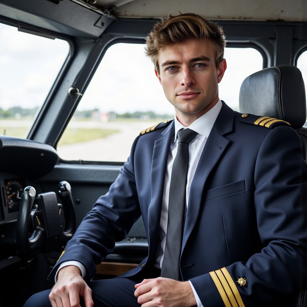 Highly detailed, highly realistic HDR image of a man airline pilot seated confidently in cockpit; navy uniform jacket with gold-trimmed epaulettes, crisp white shirt, black tie, captain’s hat resting beside. Camera: 24mm lens, f/4, ISO 640, wide shot capturing both pilot and partial dashboard, slight diagonal composition. Lighting: daylight streaming through cockpit window as natural key, panel lights adding faint cool glow; believable shadow across uniform. Pose: hands on yoke, eyes looking forward with composed focus. Background: blurred runway visible through windshield, minimal clutter.