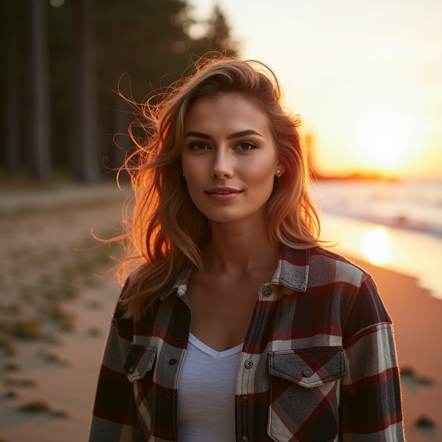 woman standing by a forest trail or beach at sunset. She is dressed in casual outdoor wear, like a flannel shirt or jacket, with her hair slightly windswept. Her smile is bright and carefree, reflecting her vibrant and adventurous personality