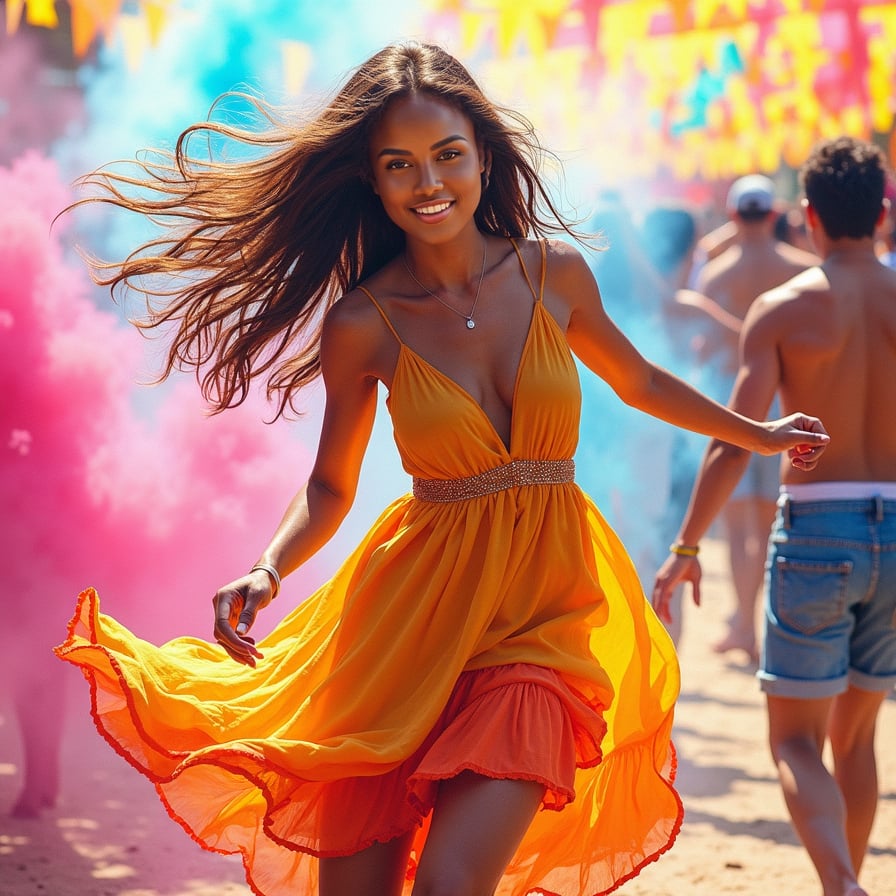  fully coloured vibrant sketch of a young woman dancing at a lively festival, her dress swirling around her as she moves to the rhythm of the music. The sketch is filled with splashes of bright colors—pink, orange, blue, and yellow—representing the energy and celebration in the air. Her expression is joyful, her hair flowing wildly in the wind, with abstract patterns and colorful smoke filling the background. The lines are quick and loose, emphasizing the movement, while the bold, saturated colors create a sense of excitement and freedom