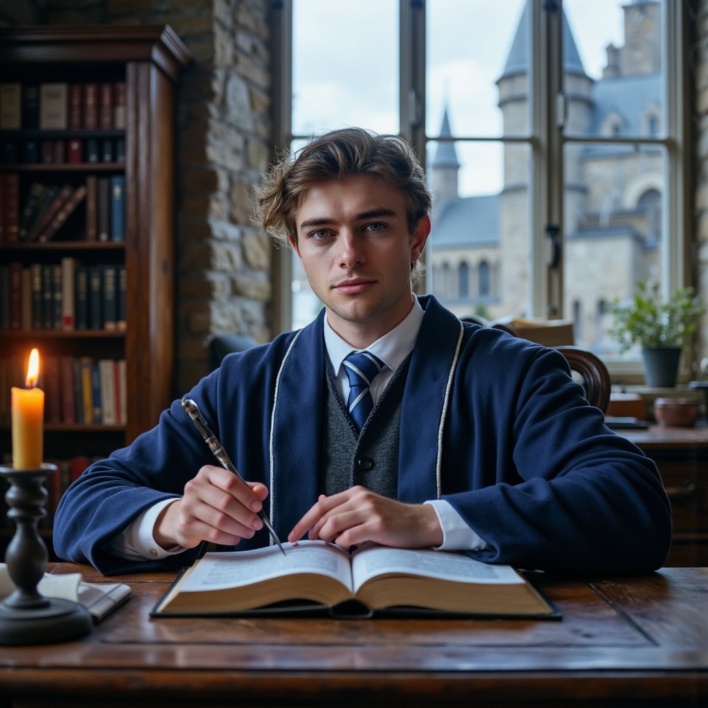 Ultra-detailed HDR seated portrait of a 17-year-old male Hogwarts student with light olive skin, clean-shaven face, and sharp cheekbones. Sleek dark hair pulled back into a short ponytail, neat sideburns framing ears. Wearing a deep-navy wool robe with silver-blue trim, crisp white cotton shirt, and perfectly knotted blue-striped tie. Pose: seated upright at a carved oak desk, left hand resting on an open leather-bound book, right hand poised with a quill mid-note, gaze fixed attentively toward an unseen professor. Camera: Leica SL2, 50mm f/2 prime, aperture f/2, camera placed at eye level directly across desk for intimate framing. Lighting: cool moonlight (5600K) streaming through tall arched window behind camera, supplemented by warm candlelight (3000K) from desk lamp casting golden glow on book and hands. Background: blurred Ravenclaw Tower stone wall with faint shadow of an arched bookshelf, minimal clutter for academic focus.