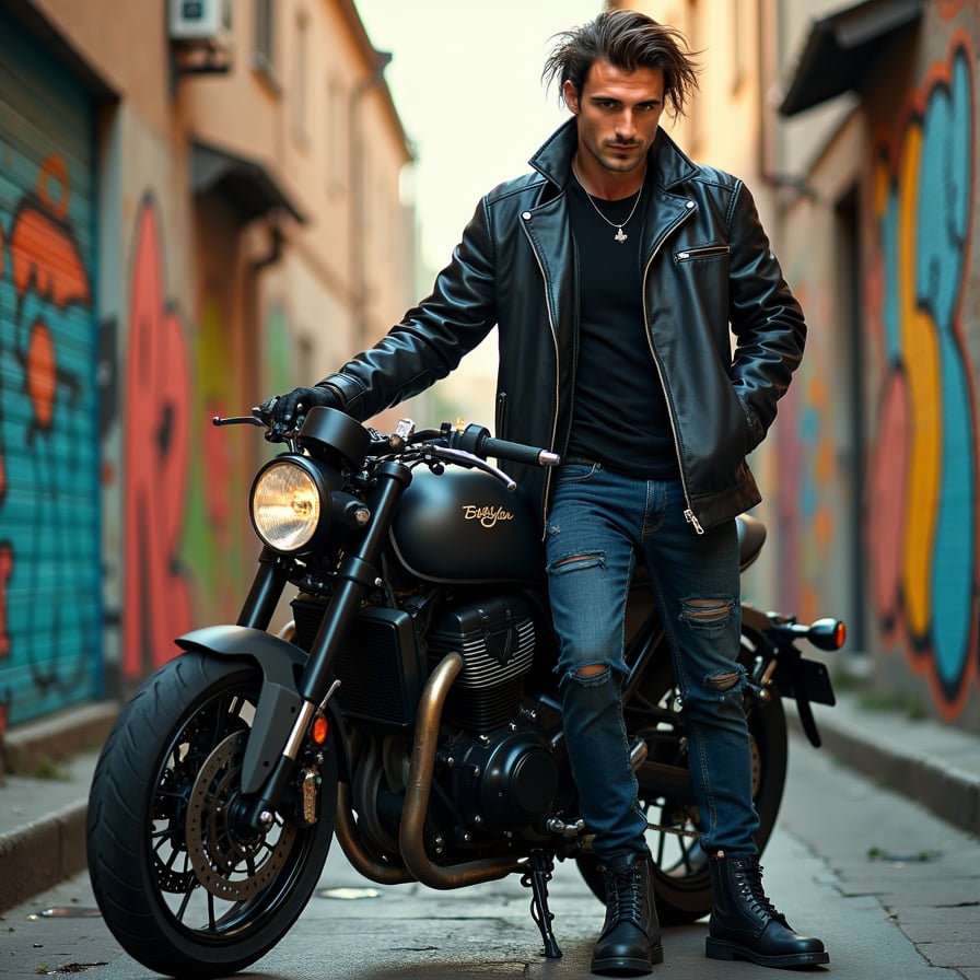 man wearing a sleek black leather jacket, paired with denim jeans and sturdy boots, posing confidently with a sports bike on the streets, under the warm glow of city lights, with a blurred background of urban landscape.