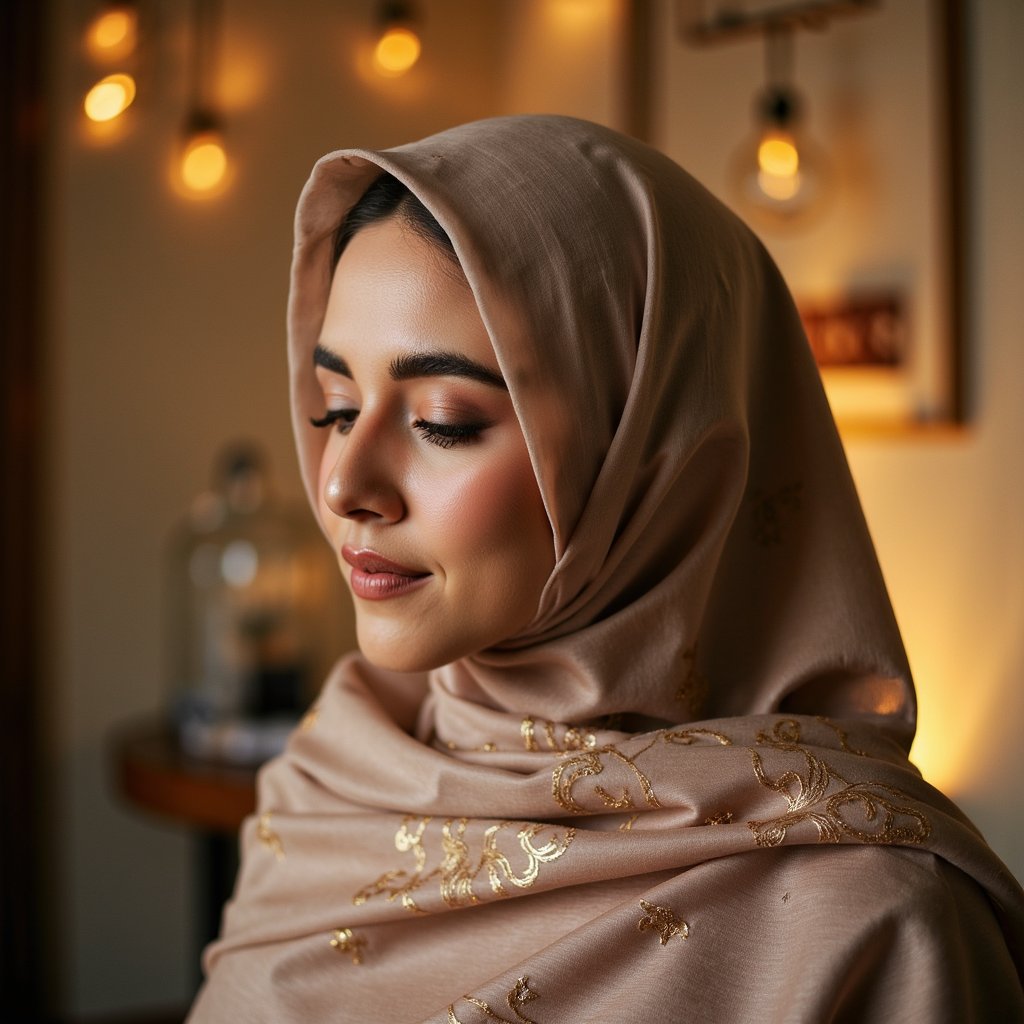 Close-up headshot of a woman in an elegant hijab with gold embroidery, eyes closed in reflection, soft background lights resembling Mawlid night ambiance