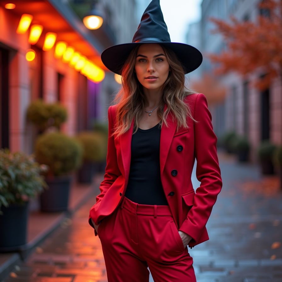 man in a bold, fiery red outfit, donning a fashionably fitted blazer and matching trousers, posing confidently against a sleek, modern cityscape