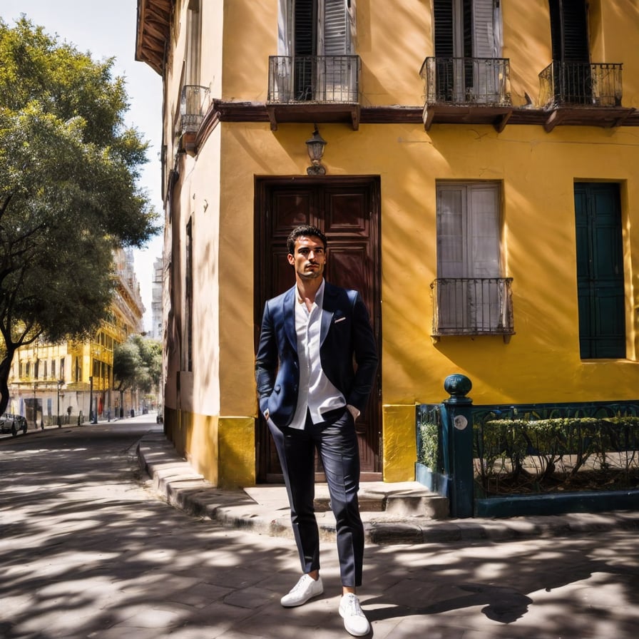 Trendy city dweller, sleek outfit, modern skyscrapers in the background.