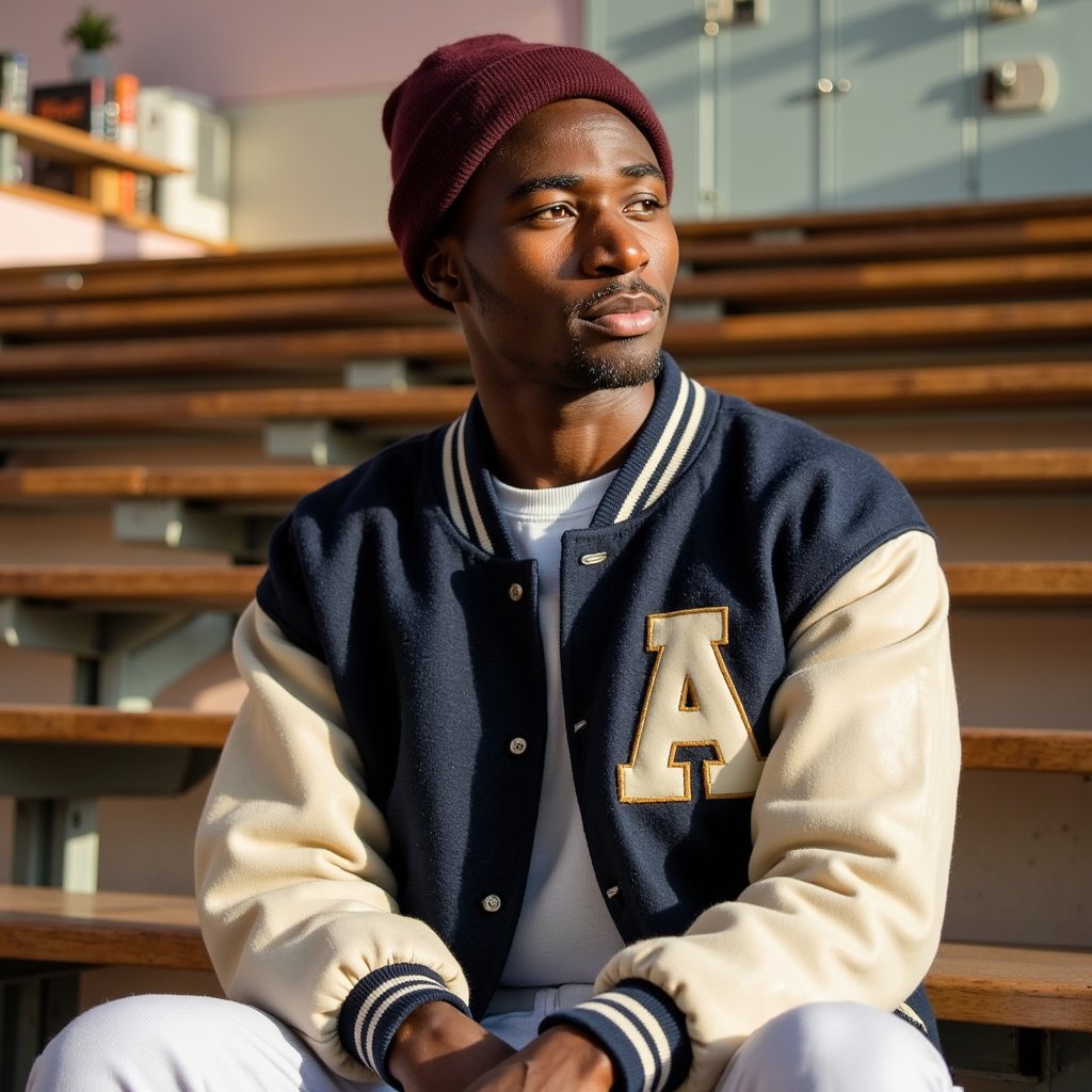 Hyper-realistic 1960s male student seated casually on wooden bleachers, framed mid-thigh up with a 50mm lens. He wears a wool varsity letterman jacket in navy blue with cream leather sleeves, a large stitched felt letter on the chest, threads slightly frayed at the edges. Underneath, a white crewneck sweatshirt in thick cotton fleece, fabric pile visible at the cuffs. A knitted beanie in maroon is pulled snug over his hair, which peeks out in short, clean sideburns. Skin is lightly tanned with a scattering of freckles on the nose and a faint scar near the right eyebrow. His hands rest loosely on his knees, posture relaxed, gaze off to the right with a thoughtful half-smile. Late afternoon sunlight grazes across his cheek, creating soft side-shadowing. Background is blurred rows of bleachers with faint woodgrain texture and weathered bolts catching specular highlights.