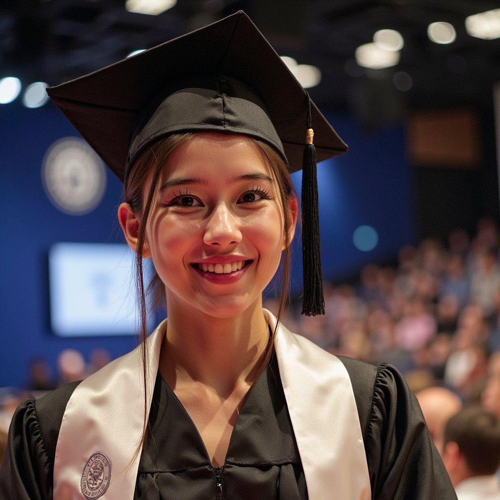 Tight headshot of a woman graduate just off-stage, head slightly tilted, gentle proud smile; black gown with a white stole embossed with a faint seal (no text), mortarboard tassel resting along the cheek line (not held); sleek low bun with a clean center part; camera straight-on at eye level; 105mm lens, f/2.5, ISO 200; lighting: soft key from a nearby diffused LED panel, subtle hair light from above, preserving natural skin texture; background: defocused stage lights forming round bokeh and a blurred university banner in deep blue; micro detail: satin stole highlights, tassel fiber separation, subtle pores and fine hairs around the hairline; minimal clutter, shallow DOF, true-to-skin color, highly detailed, highly realistic, HDR finish.