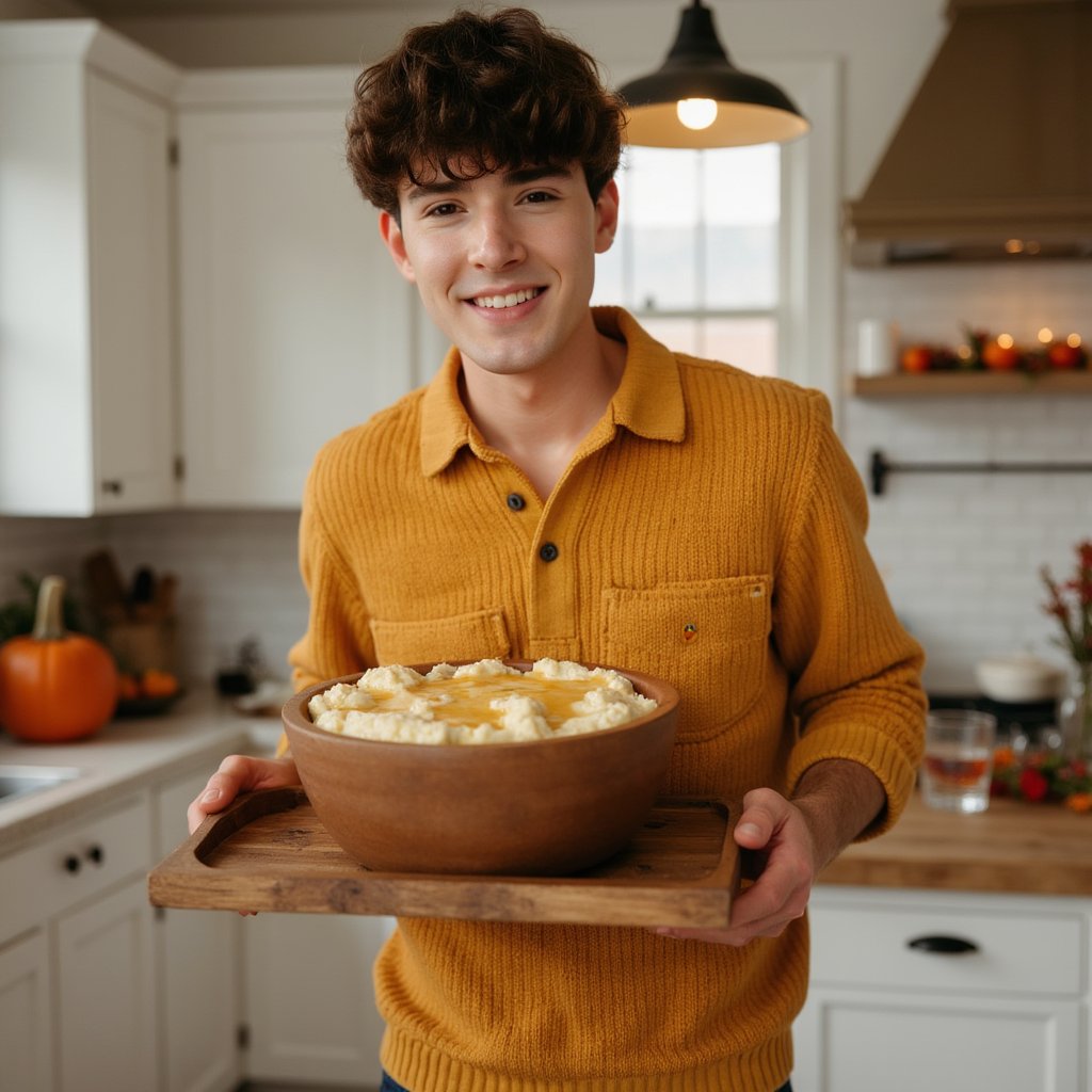 Highly realistic, highly detailed HDR image of a young Asian man (male, ~32 yrs) standing at a home kitchen island, waist-up, camera at slight side angle (~30°) from his left. He is wearing a mustard-yellow button-down flannel shirt with rolled-up sleeves and dark jeans (just barely visible), sleeves pushed up to forearms; his hair is dark brown, short on sides, slightly tousled top. Kitchen lighting: warm overhead pendant lights plus ambient daylight from a window behind the camera; soft highlights on his face and shirt. He is holding a carved-wood serving tray filled with mashed-potatoes-and-gravy bowl, slightly tilting forward as though offering it to someone. Facial detail: bright smile, teeth visible, light stubble, natural skin texture, warm brown eyes. Background: shallow depth of field blurs kitchen cabinets, a decorative pumpkin and autumn garland on the countertop behind; minimal clutter — a single glass of water and a linen napkin. Shirt fabric texture visible: flannel weave, rolled sleeves show wear. The image conveys friendly host, inviting Thanksgiving warmth.