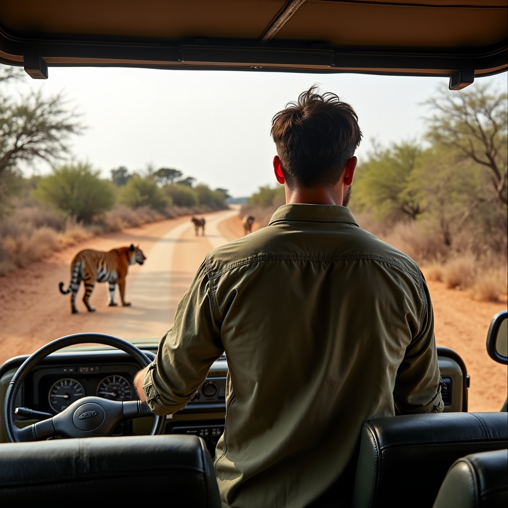 man standing in the back of the safari jeep looking at tigers far away