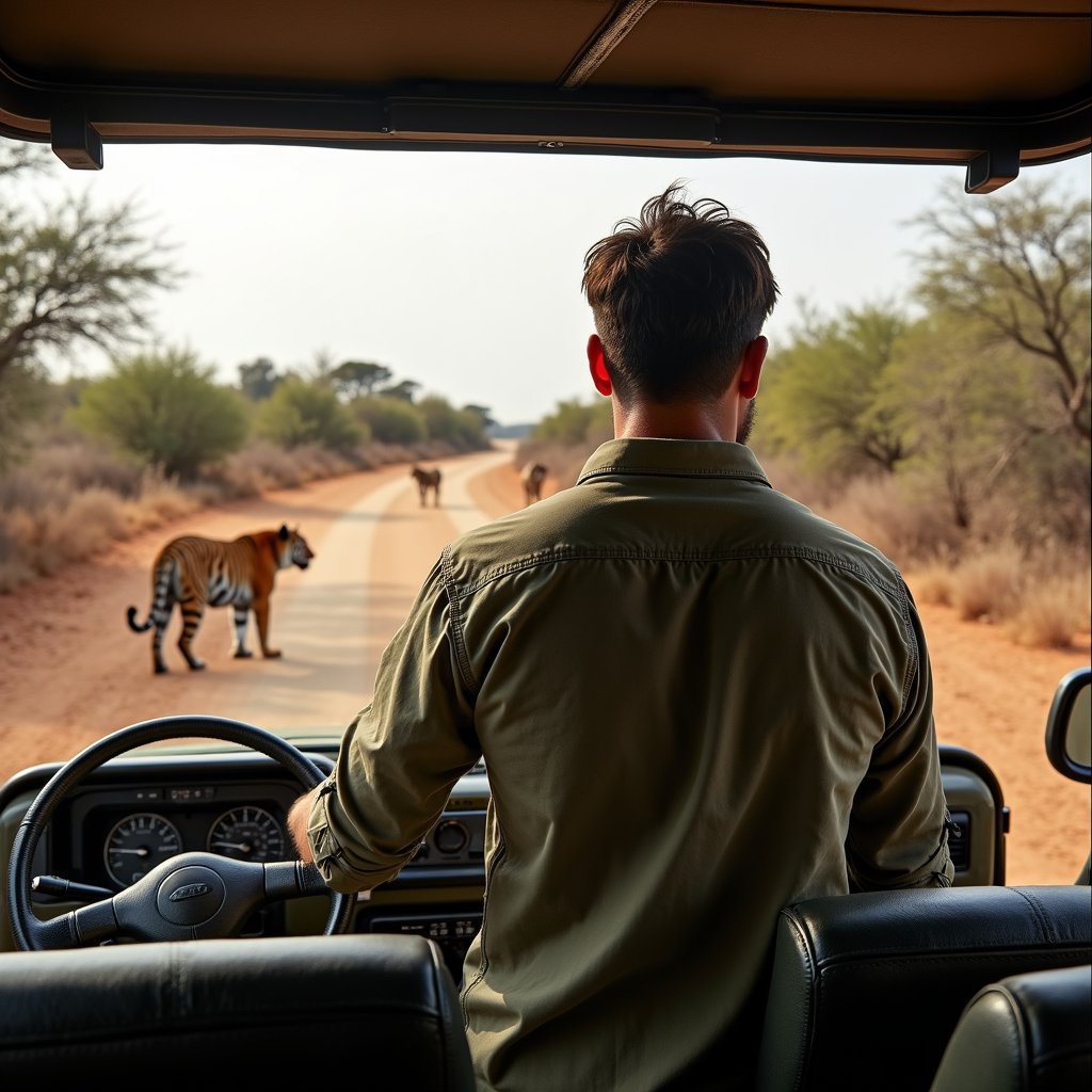 man standing in the back of the safari jeep looking at tigers far away