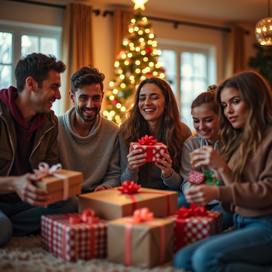 A group of friends or family gathered around a festive living room, each holding wrapped presents with colorful ribbons. Expressions of delight, a beautifully lit Christmas tree, and a playful sense of anticipation fill the atmosphere."




