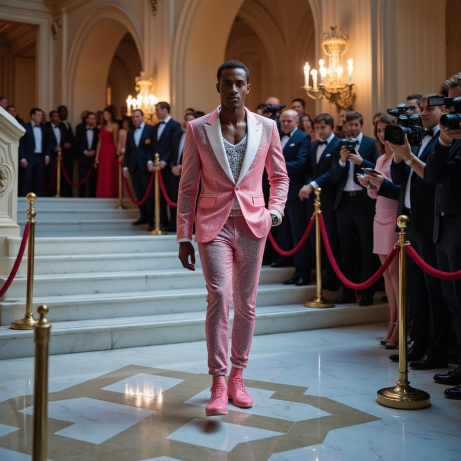 A man in a translucent vinyl suit layered over a neon mesh bodysuit, accessorized with diamond-encrusted sunglasses and platform boots, Met Gala runway
