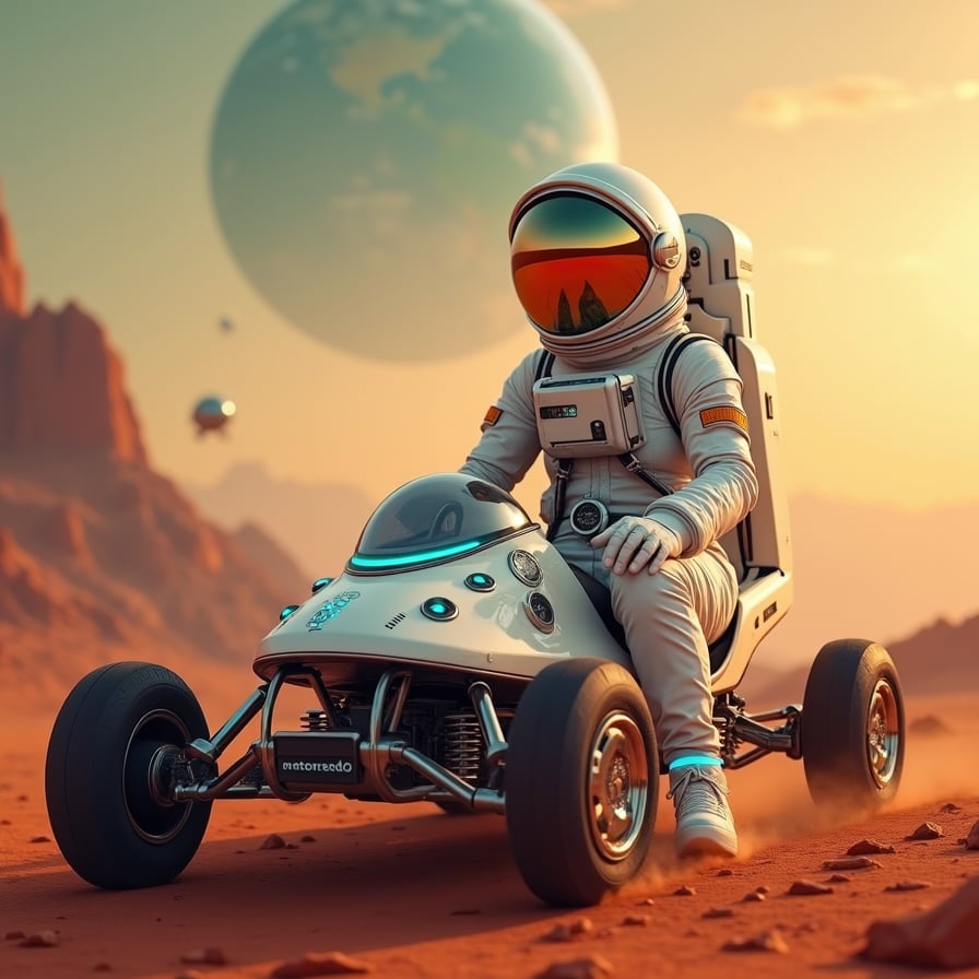 woman in futuristic astronaut attire, complete with a sleek white spacesuit, mirrored helmet visor, and utility belt, riding a sleek lunar rover with metallic accents and glowing blue lights, on the dusty red terrain of Mars, with the distant Martian landscape and towering mountains with rust-hued peaks in the background, under a vibrant orange sky with a hint of greenish hue, wispy clouds, and a subtle sense of mist.