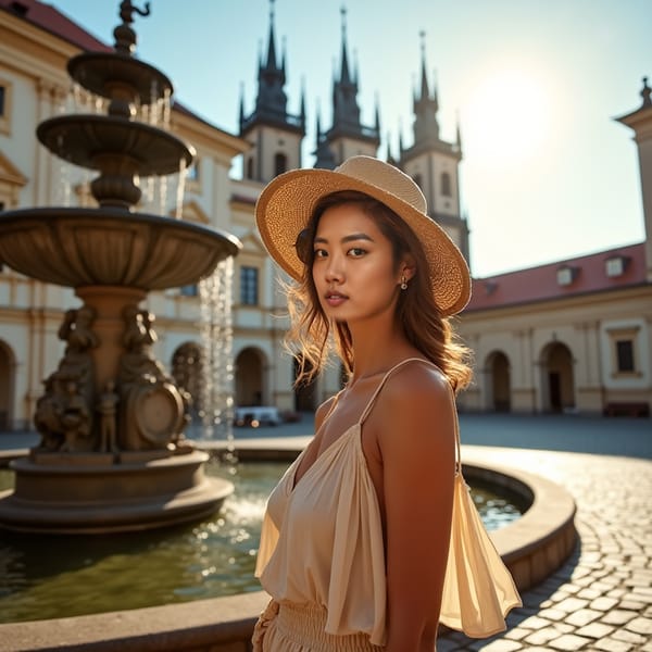 woman in elegant attire, surrounded by grandiose architecture, standing in the historic courtyard of Prague Castle, with the stunning St. Vitus Cathedral in the background, warm sunlight casting a romantic glow on her features.