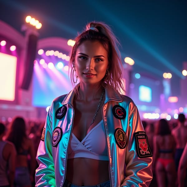 A woman with a radiant smile faces the camera at a massive music festival. She’s wearing a holographic jacket, glowing accessories, and metallic face paint. The background shows a huge, neon-lit stage with dynamic visuals and the crowd dancing in excitement. Bright lights, lasers, and bursts of color fill the night sky, adding to the enchanting festival atmosphere
