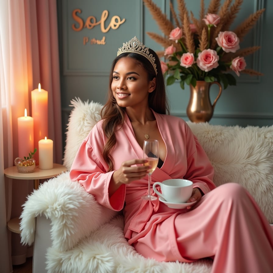 Capture a relaxed moment in a robe with a face mask on, holding a cup of tea or champagne.