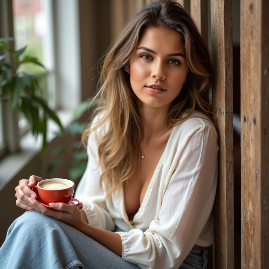 woman with a soft, playful expression. She is styled in comfortable, elegant clothing, sitting in a well-lit room with a cup of coffee or leaning against a rustic wooden fence. The image should highlight her natural charm and relatability