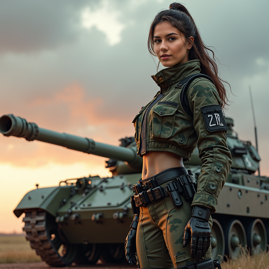 woman wearing a camouflage uniform and military boots, standing confidently in f