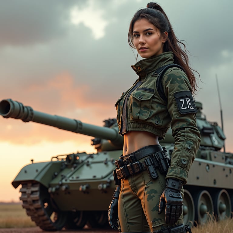 woman wearing a camouflage uniform and military boots, standing confidently in f