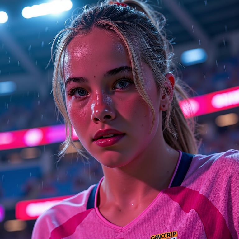 Close-up headshot of a player under neon-lit rain with water droplets on face, m