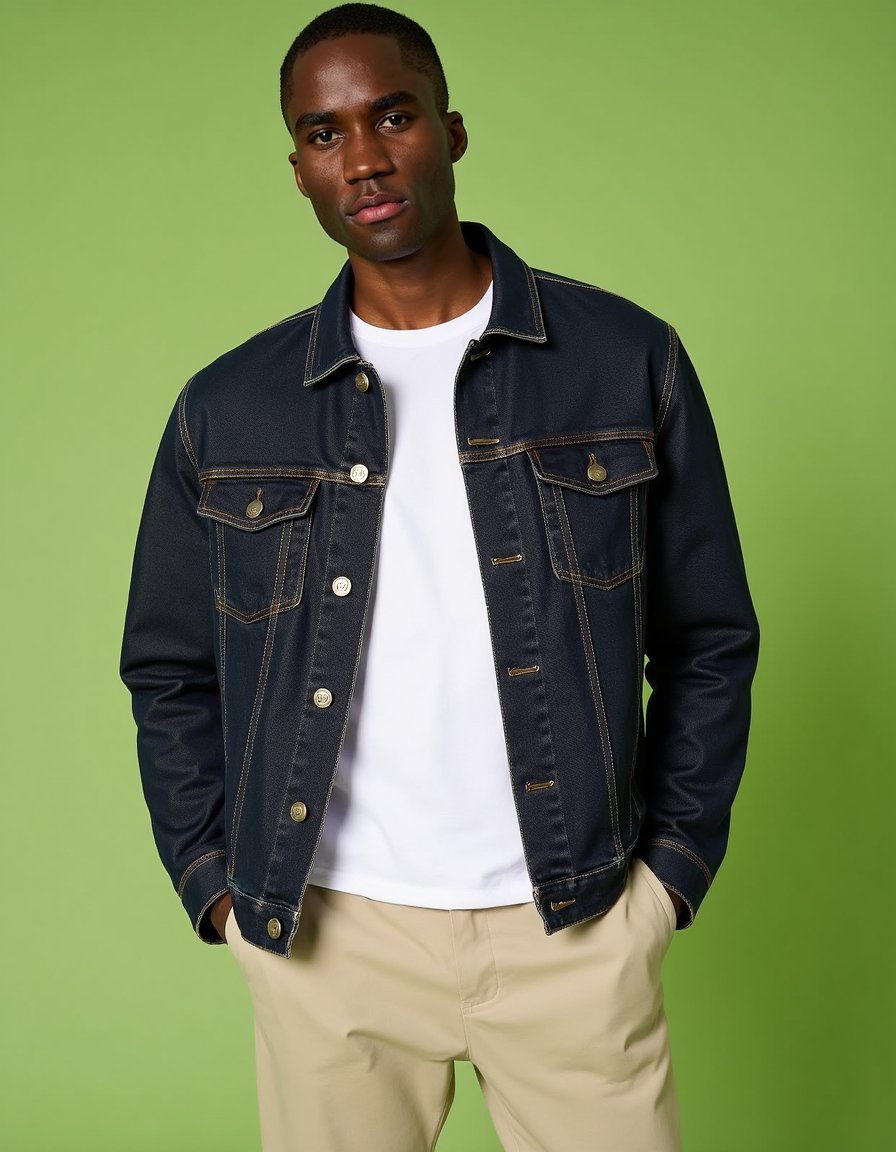 man wearing a dark wash denim jacket with a visible seam down the front over a crisp white crew-neck t-shirt. He stands in a relaxed pose with his hands casually in the pockets of unseen trousers, leaning slightly to his left. The background is a vibrant, uniformly lit lime green studio backdrop, creating soft, consistent shadows that highlight the detailed fabric texture of his jacket and subtle skin details.