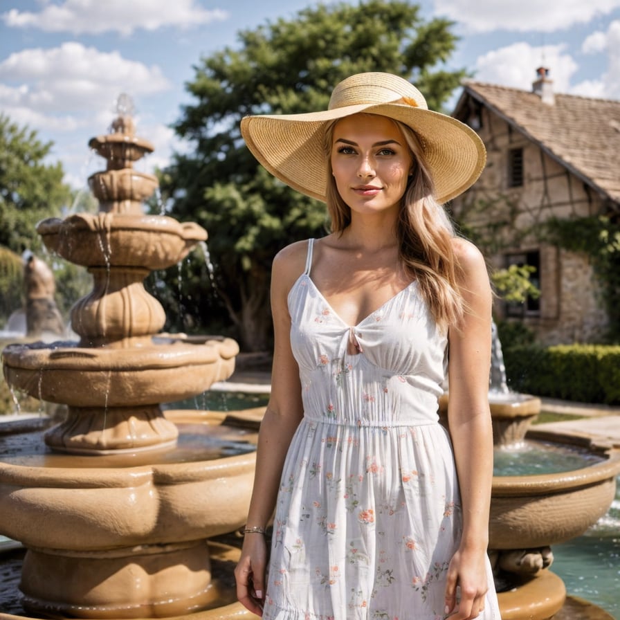 Woman in sundress, ancient European fountain, soft warm lighting.