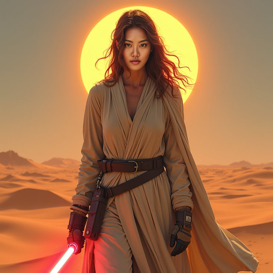 A woman stands facing the camera in the vast desert of Tatooine, with the iconic twin suns setting behind her. Dressed in desert-worn clothing, she has a resilient and weathered look, with determination in her eyes as she meets the viewer's gaze.