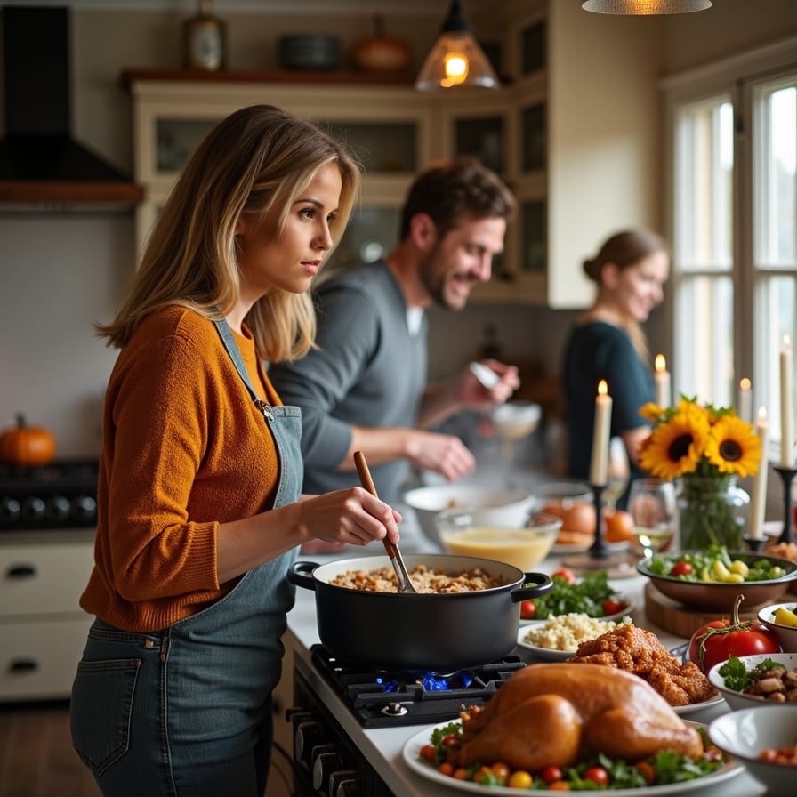 A woman in her 40s is in the midst of cooking a large Thanksgiving meal in a beautifully designed, modern farmhouse kitchen. She’s smiling and wiping her brow as she stirs a large pot on the stove, surrounded by ingredients and side dishes in various stages of preparation. The kitchen is full of life, with other family members helping in the background, creating a lively and bustling scene
