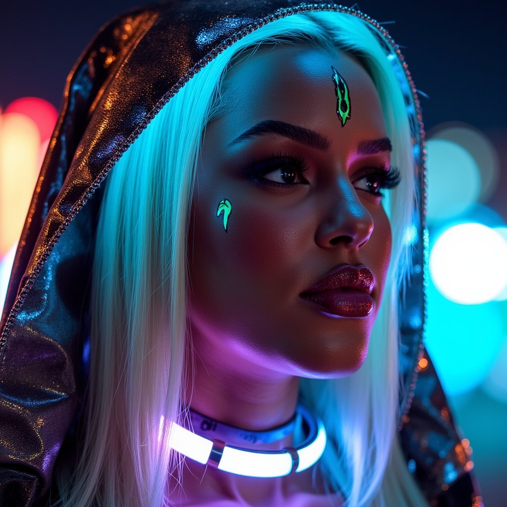 Headshot of a serene woman bathed in neon light, wearing a metallic hood and tribal markings, desert night ambiance, captured at Burning Man 2025