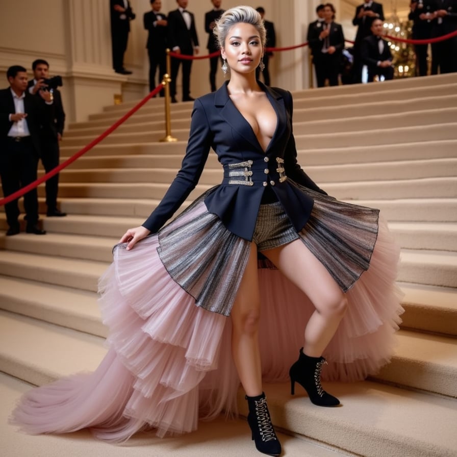A woman in a gender-defying Met Gala suit-dress hybrid — tailored blazer with cascading tulle train, combat boots, and bold, bleached brows