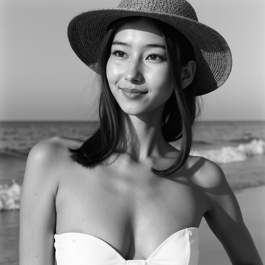 Adult woman — monochrome beachfront close-up portrait (black & white); attire: classic bandeau bikini (matte white) with a wide-brim raffia sunhat; hair: loose waves tucked behind one ear; pose: shoulders angled 20°, eyes to camera with soft smile; camera: 105mm macro used as portrait, f/3.5, ISO 100, 1/1250s; lighting: late-afternoon side light for crisp micro-contrast, white bounce for fill; background: blurred surf line and sky gradient, minimal elements; details: fine weave of hat brim sharply resolved, subtle fabric grain of bandeau, defined yet natural skin texture—no plasticity; style: highly realistic, highly detailed, HDR tonality in B&W, timeless fashion.