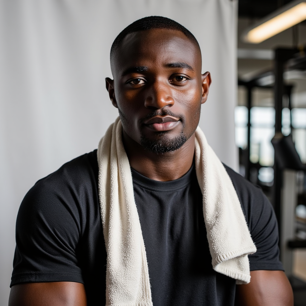 Man, athletic build, head-and-shoulders studio portrait with a towel draped arou