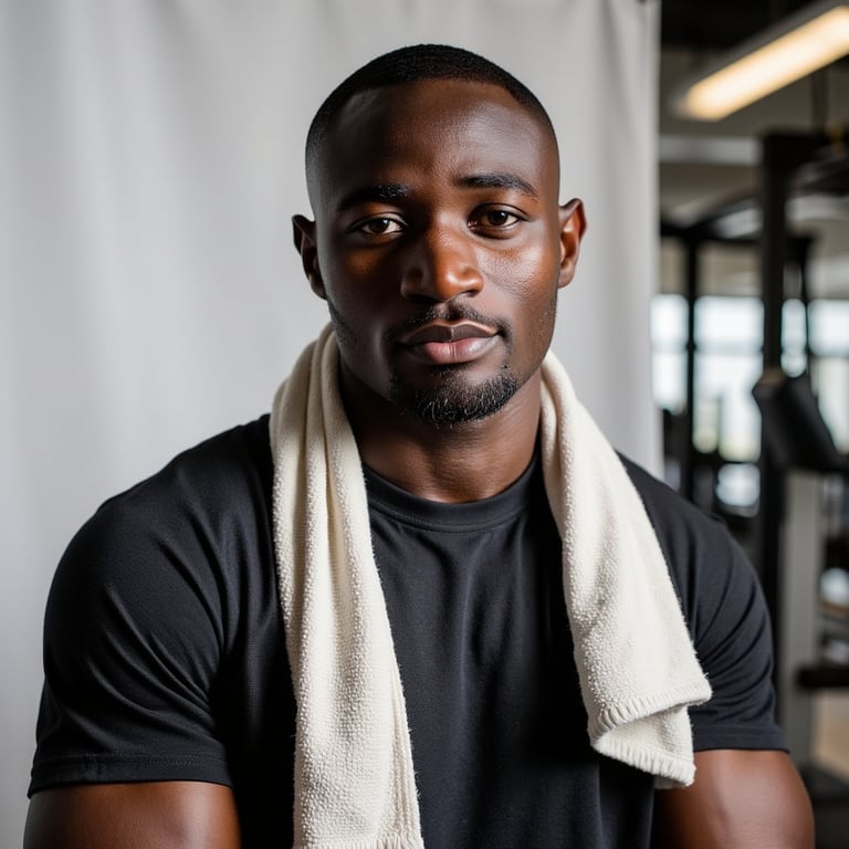 Man, athletic build, head-and-shoulders studio portrait with a towel draped arou