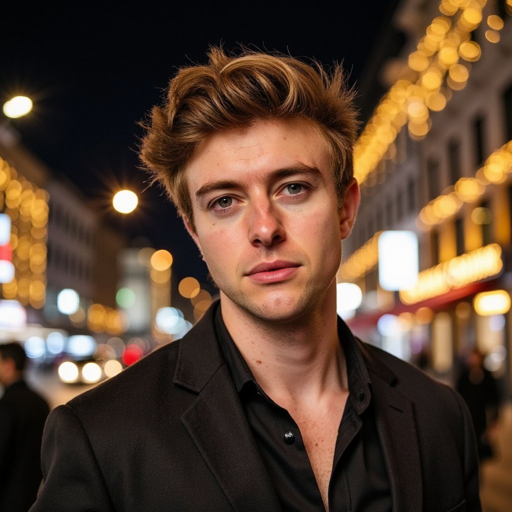 Highly detailed, highly realistic waist-up lifestyle portrait of a man, aspirational New Year night energy, relaxed confident posture. Contemporary evening outfit with visible stitching and fabric grain. Hair styled naturally. Warm ambient lighting from celebration lights around, subtle highlights on face. Background features distant city glow and soft celebratory illumination. Camera slightly angled for dynamic composition. HDR, ultra realistic, cinematic New Year feel.