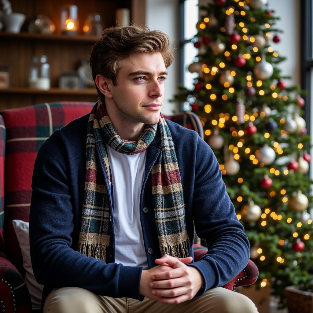 Waist-up side-profile portrait of a man seated on an armchair near a tastefully decorated Christmas tree; he looks slightly past camera, posture relaxed, hands resting together. Wardrobe: navy merino cardigan with horn buttons over a white tee; textured tweed scarf draped loosely (visible herringbone). Hair: medium length, brushed back; neatly trimmed beard. Lighting: practical fairy-light key from the tree plus a soft window fill, creating warm highlights and cool shadows; faint kicker on the scarf edge. Background: tree ornaments in buttery bokeh (gold, glass, a few tartan touches), otherwise minimal clutter. Camera: 70–200mm at ~135mm, f/2.5, slightly lower-than-eye-level angle to feel stately; highly realistic, highly detailed, HDR; knit and tweed weave sharply rendered; composed, still mood.