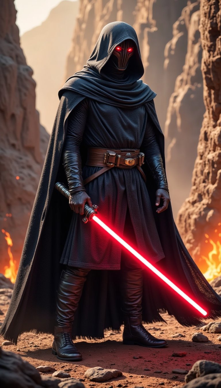 A powerful Sith Lord with glowing red eyes and a red lightsaber, cloaked in a black hooded robe, standing on a volcanic planet with lava flows and dark smoke, intense expression, dramatic shadows, cinematic lighting inspired by Mustafar
