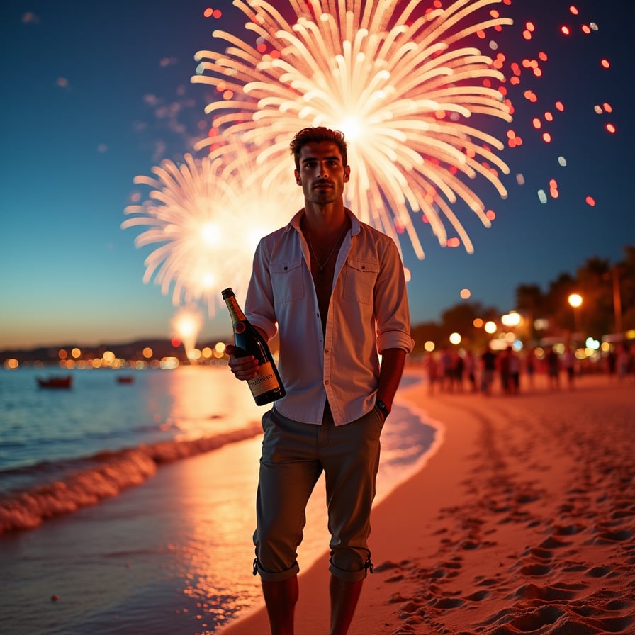 A relaxed man in a linen shirt and rolled-up pants, standing barefoot on the beach with fireworks reflecting on the water behind him, facing the camera with a peaceful smile